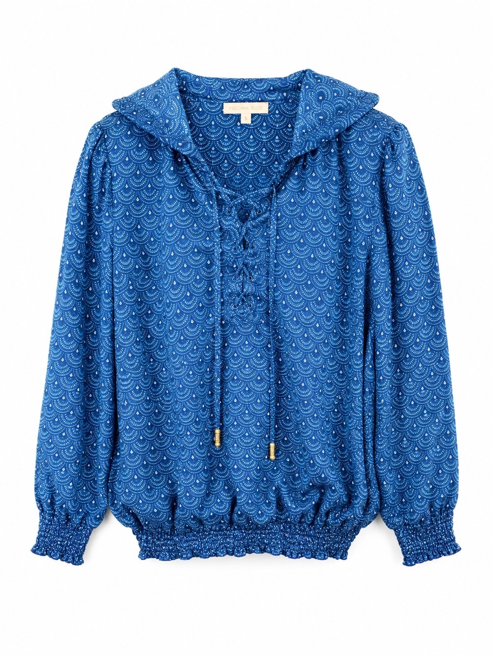Paloma Blue 100% Silk Hooded Blouse S Blue Fan Print Lace Up Boho Resortwear